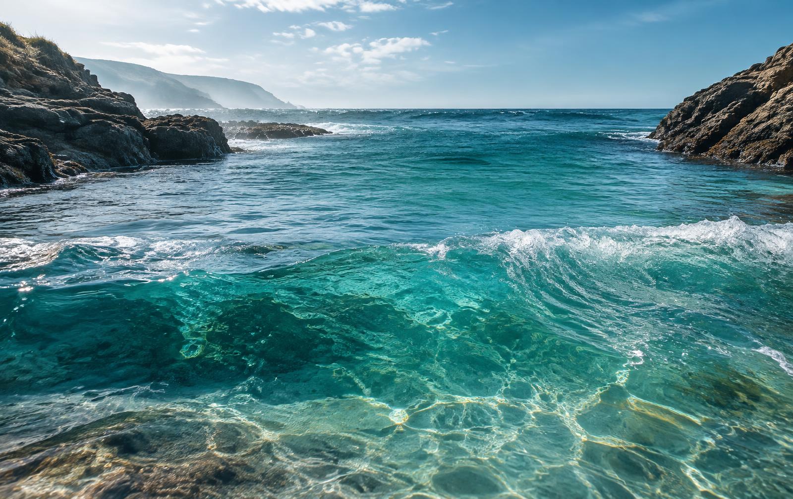 Luminous turquoise waves flowing into a tranquil ocean cove